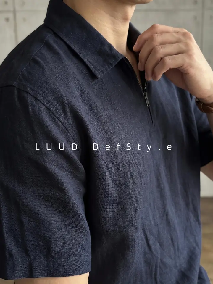 ハーフジップポロシャツ メンズ 半袖 薄手 テンセル リネン混紡 イタリアン風 カジュアル 「LUUD」