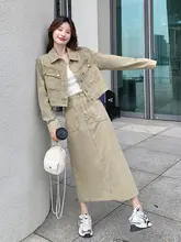 工装デニムスカート【春秋用・韓国風・ハーフスカート・トレンド】（セットアップ対応）