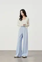 小柄さん向け ハイウエスト薄青ストレートパンツ【極上の柔らかさ・ワイドレッグ・フィット】（セットアップ対応）