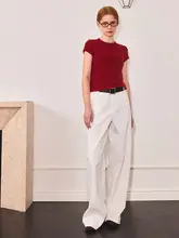 高腰 微弧デザインのストレートデニムパンツ【極上の柔らかさ・トレンドスタイル・体型カバー】
