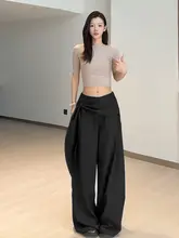 高身長対応の黒いワイドパンツ【ハイウエスト・フィット・ドレープスタイル】（セットアップ対応）