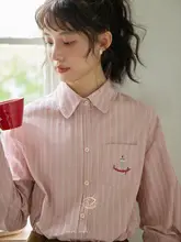 刺繍ストライプ長袖シャツ【ゆったりシルエット・落ち感デザイン】（セットアップ対応）