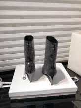 水晶装飾入りブラックエラスタインスリムブーツ【フレンチスタイル・ポインテッドトゥ・細いヒール】