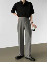 高腰グレー直筒パンツ【ボタンデザイン・したカジュアルスーツ】