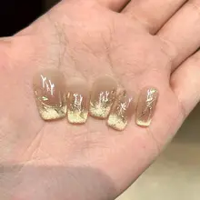プレスオンネイル 付け爪 手描き 金箔 蔓柄 キャットアイ 超ツヤ ゴールド ハンドメイド 高級感 お嬢様風