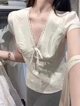 レースフリル付きVネック短袖ブラウス【ウエストマーク・リボン付き・夏用】