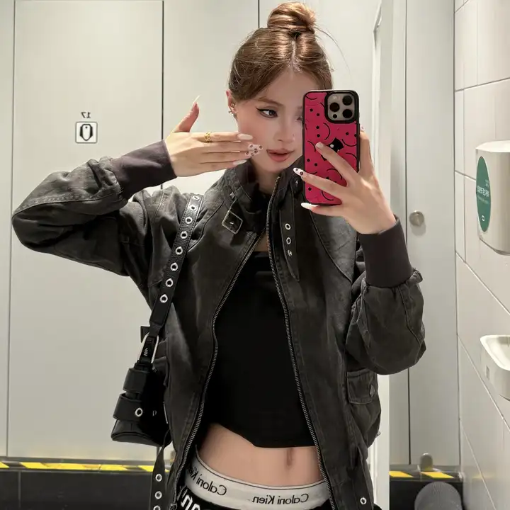 デニム工場風ジャケット【洗い加工・ノーカラー・女性用・フィット感あり】