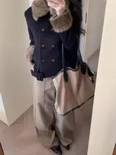 デタッチャブルファー付きダブルボタンウエストシェイプウールジャケット【ヴィンテージ風・保温性】