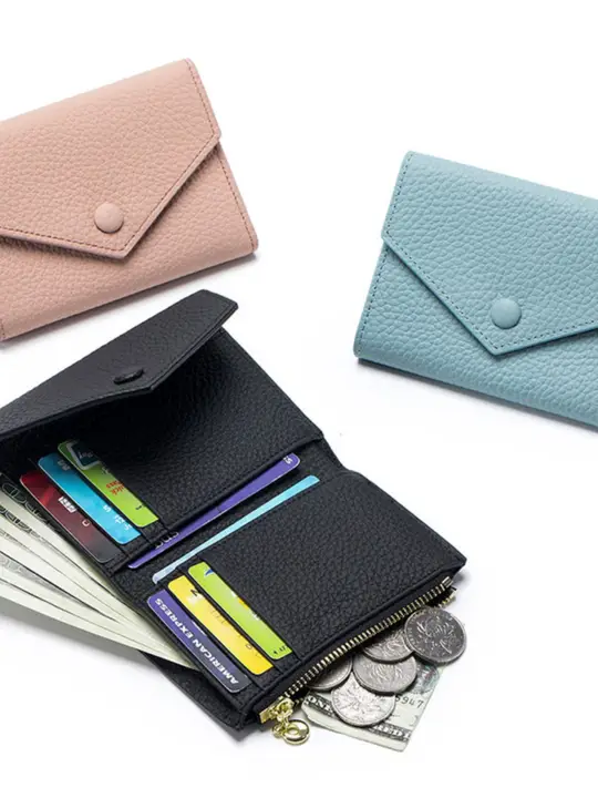 レディース真皮製 シンプルカラーの薄型大容量財布【多機能カードポケット付き・短款】