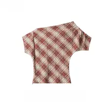 半袖Tシャツ レディース チェック柄 カラーブロック 斜め襟 ギャザー タイト ウエストシェイプ クロップド アメカジ ヴィンテージ 甘辛MIX トップス
