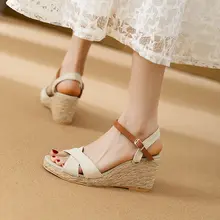 高ヒールのクロスストラップサンダル【ローマ風・麻編みソール・夏用】