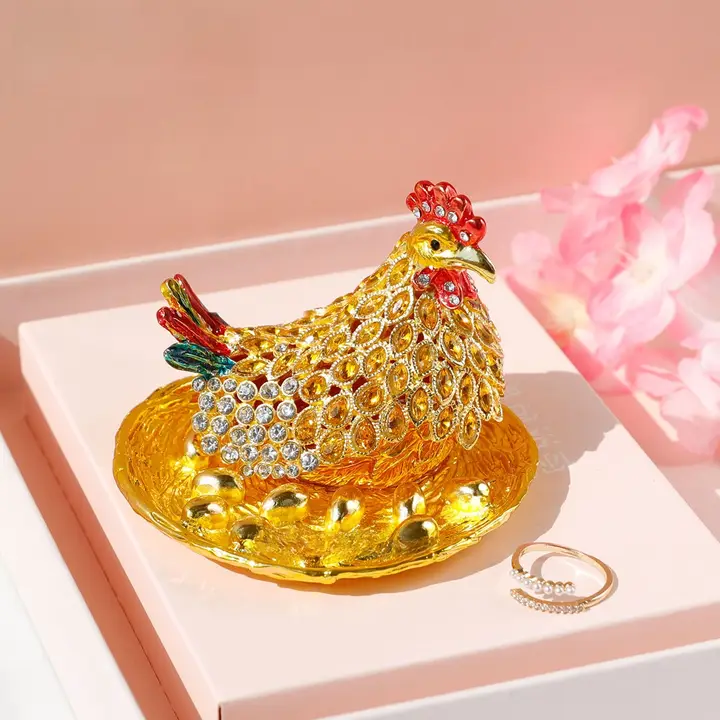合金製の置物 母鶏が卵を抱えるジュエリーボックス【エナメル加工・インテリア装飾用】