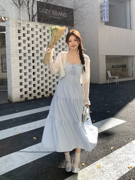 キャミソールワンピース レディース 大きいサイズ ぽっちゃり ベビーブルー フレンチ風 フェミニン 着痩せ 秋