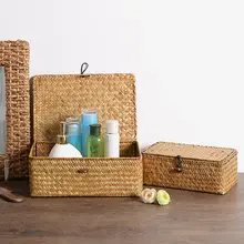 デスク用草編み収納ボックス【フタ付き・化粧品収納・クリエイティブデザイン】