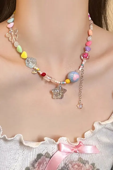 カラフルな星とハートのネックレス【女性用・夏向け・デザインロックコネックチェーン】