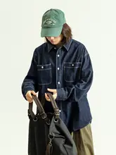 春季向けビンテージ風ウォッシュドブルーデニムシャツ【ユニセックス・ルーズフィット・カラー】