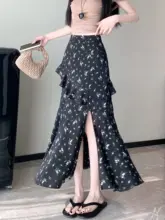 不規則フリル付きフラワープリントシフォンマキシスカート【女性用・夏用・スリット入り・エレガントなドレープ感】