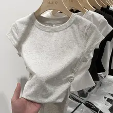 グレーのショートスリーブTシャツ【ウエストシェイプ・シンプルデザイン・カジュアルスタイル】