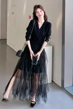 ロングニットワンピース レディース チュール切り替え ブラック インナー きれいめ 春 秋