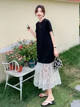 レース切替のブラックTシャツワンピース【リラクシング・フレアスカート・夏用】（セットアップ対応）