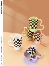 CONGSTUDIO 北欧風 チェスボードデザイン 陶器マグカップ【コーヒー＆ミルク用・レトロスタイル】