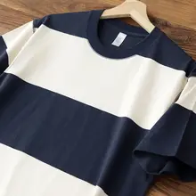 260G重厚ストライプ半袖Tシャツ【メンズ・カラーブロック・コットン・ラウンドネック・ゆったりフィット】