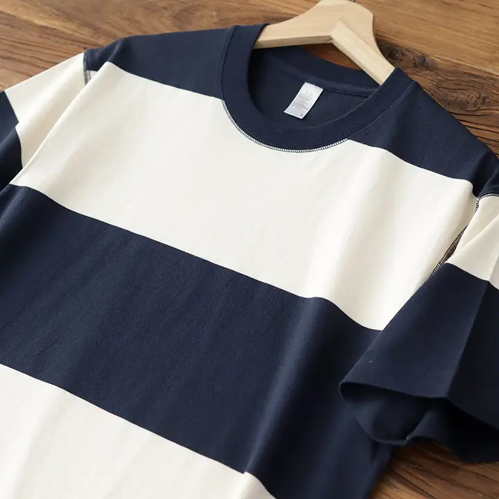 260G重厚ストライプ半袖Tシャツ【メンズ・カラーブロック・コットン・ラウンドネック・ゆったりフィット】