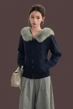 フード付きニットカーディガン【毛皮襟・秋冬用・厚手・ショート丈】