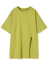 デザイン性のあるレディース夏用コットンTシャツ【ショートスリーブ・ラウンドネック・ミディ丈・スリット入り・ゆったりフィット】