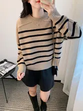 厚手ストライプデザインの100%純山羊毛セーター【ラウンドネック・ゆったりシルエット・女性用】