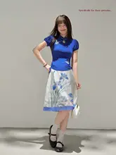 Tシャツ レディース 蝶刺繍 スタンドカラー 大きいサイズ チャイナテイスト インナー 夏 藍色