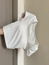 白色のショルダーTシャツ【女性用・ショート丈・カップ付き・ワイドカラー】