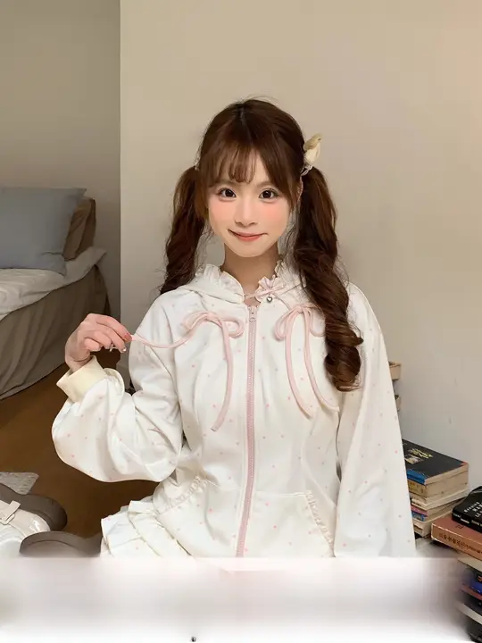 春秋向けピンクドットフード付きスウェットシャツとケーキスカートのコーディネート（セットアップ対応）