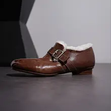 水洗胎牛皮製のウールローファー【冬用・加絨・保温】【ベルト付き】