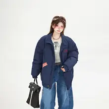 チェック柄パネルデザインの中長丈立襟コットンコート【レディース・オーバーサイズ・冬用・厚手】