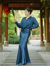 高見えフィッシュテールスカート【シルク100%、ブルー、コーディネートしやすい】