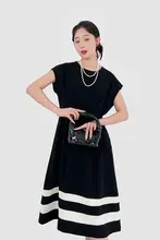 高級感あるカラー切替デザインの中長丈ワンピース【ラウンドネック・夏用】