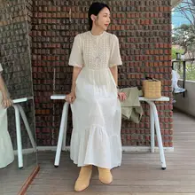 夏用 フレンチスタイル エレガントなラウンドネック レース刺繍デザインのゆったりとしたロングワンピース