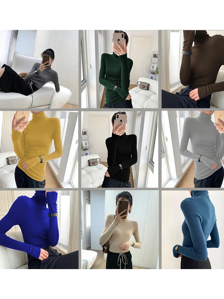 フィット感のあるブラックハイネックニット【羊毛素材・薄手・女性用】
