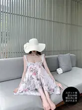 kubiliv フラワープリント スリーブフリル付き ロングワンピース【ウエスト絞り・リゾート用】