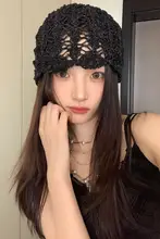 おしゃれな薄手のレース編み帽子【カラーブロック・ニット・ハンドメイド】