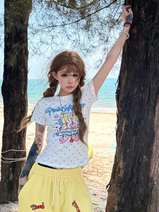 Tシャツ レディース 半袖 水玉 キューピッド柄 正肩 すっきりシルエット 夏 甘辛MIX「SIXMINU」