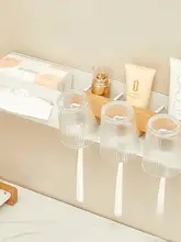 原木製の洗面器＆洗顔タオル置き架【ホワイトカラー・電動歯ブラシホルダー付き】