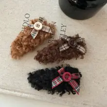 秋冬用 羊毛ボタン付きリボンデザインヘアクリップ【ふんわりファー・前髪用・飛び出し髪用】