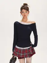 デザイン感あるレースの斜め肩トップス【女性用・ウェストシェイプ・秋季】（セットアップ対応）