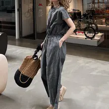春夏向け レディース コットンリネン 大きいサイズ ゆったりとしたシルエットのショートスリーブオールインワン（セットアップ対応）