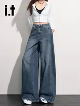 深い青のワイドレッグデニムパンツ【ハイウエスト・ストレート・フィット】