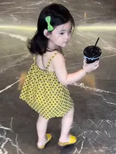 子供用夏用ドット柄キャミソールドレス【コットンシルク・ビーチリゾート向け・黄色】