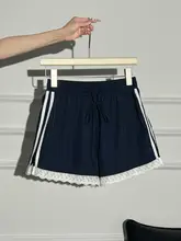 レディース レーストリム付きハイウエストワイドレッグショートパンツ【夏用・フィット】（セットアップ対応）