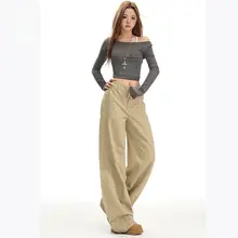 カーキ色のワイドレッグデニムパンツ【ハイウエスト・ゆったりストレート・秋用】